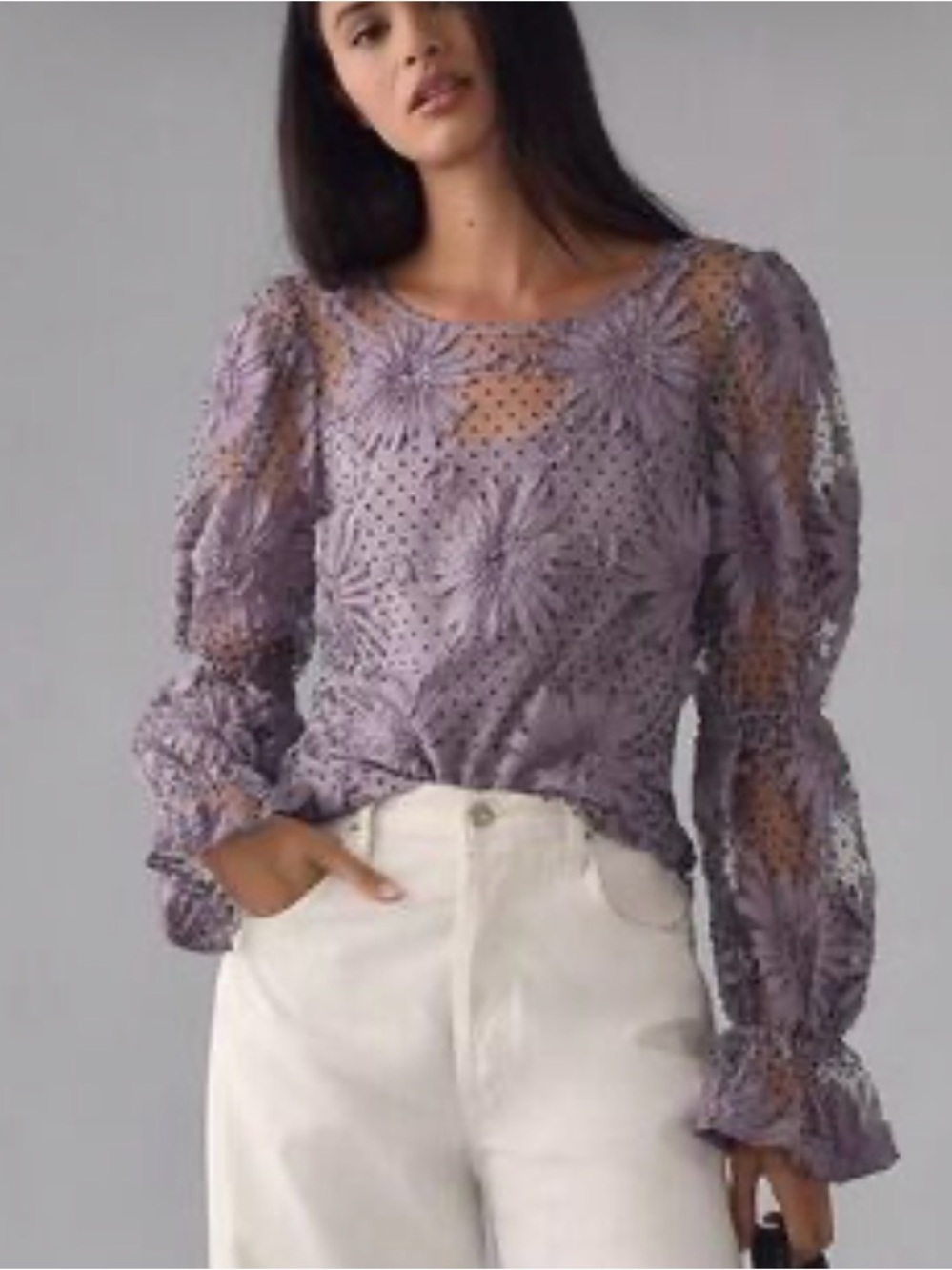 Eva Franco Sheer Swiss Dot 3D Floral Lavender Purple Blouse